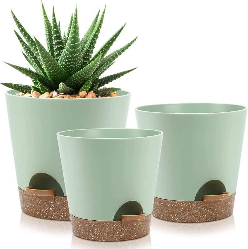 Photo 1 of Indoor Self Watering Planters with Drainage Holes and Saucers, 6inch Green, 3 Pots (Springgreen)