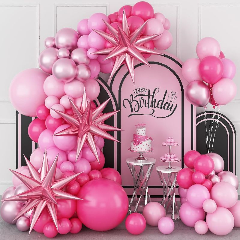Photo 1 of Pink Balloons Arch with Star Foil Balloons Metallic Pink Balloons Garland Pink Hot Pink Pastel Pink Latex Balloon for Girls Women Birthday Party Decorations Wedding Princess Theme Baby Shower