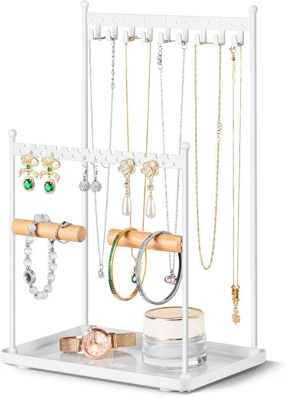 Photo 1 of Jewelry Stand Necklace Holder Organizer – 3-Tier Jewelry Display Rack with Storage Tray – Holds 22 Pairs of Earrings, Bracelets, Rings, Necklaces – Gift for Girls & Women, White