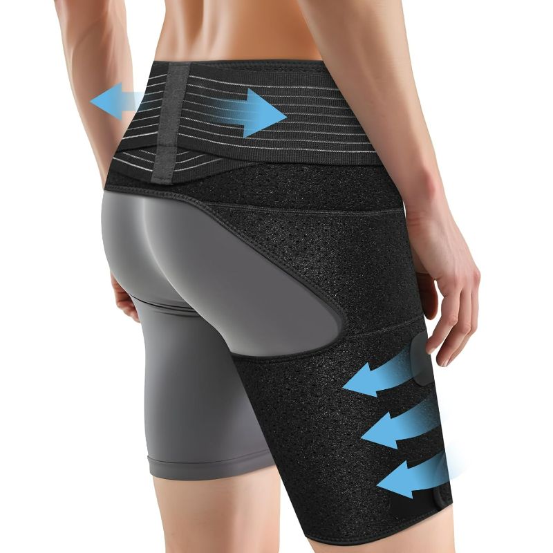Photo 1 of Hip Brace for Women & Men, Sciatica Pain Relief Devices, Adjustable Compression Wrap Support for Arthritis, Pulled Thigh, Hip Fle??r Strain, Groin Injury, Hamstring Pull (Black, Right)