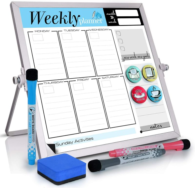 Photo 1 of Small Desktop Weekly Planner White Board - Calendar 10"x10" Dry Erase Magnetic to Do List Board with Stand, 3 Markers, 4 Magnets, Eraser - Portable Tabletop Whiteboard for Home School & Office