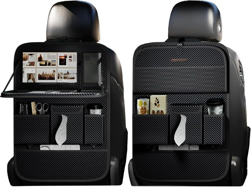 Photo 1 of Car Seat Organizers,Multi-functional Back Seat Protectors, Storage Pouches, and Tray Holders (for Cars, Kids, Seat Back and Rear Seats) (Carbon Fiber, 2 Pcs)