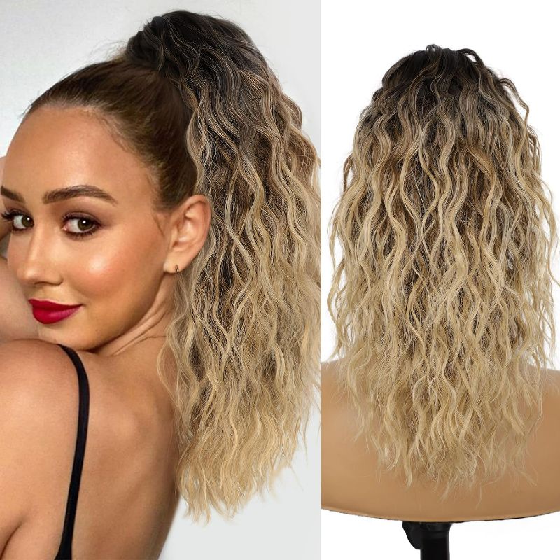 Photo 1 of ORSUNCER Ponytail Extension Claw 18" Curly Pony Tail Clip in Hair Extensions Fluffy Natural Looking Synthetic Hairpieces for Women Ombre Brown Mix Blonde