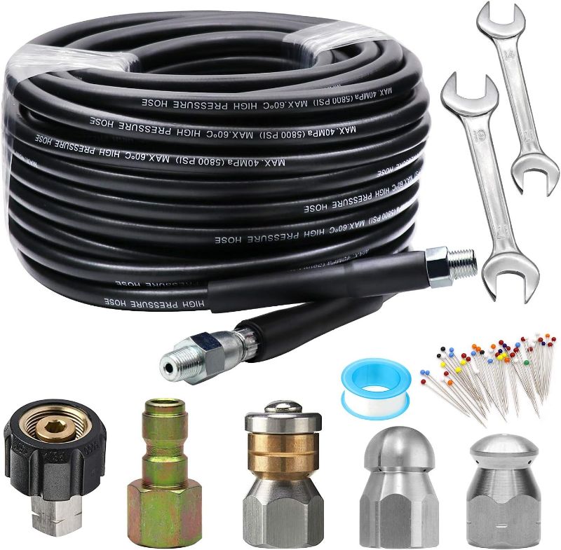 Photo 1 of WEST BAY Sewer Jetter Kit 50 FT for Pressure Washer, 5800PSI Drain Cleaner Hose 1/4 Inch NPT, Corner, Rotating & Button Nose Sewer Jetting Nozzle with Spanner Watertight Tape Pearl Corsage Pin