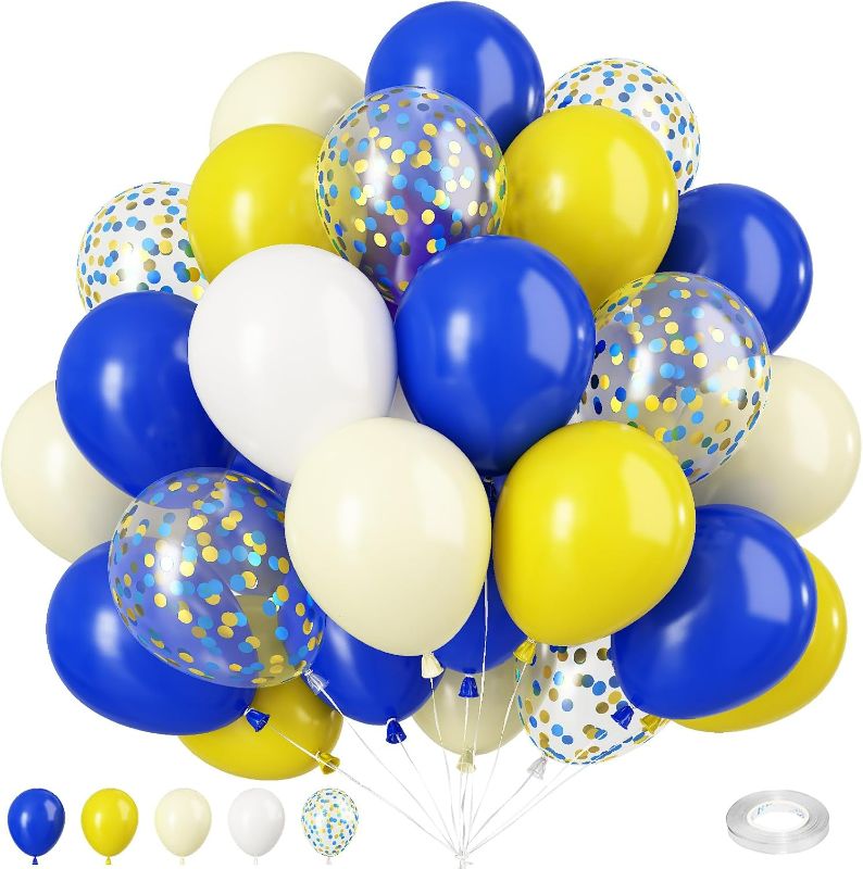 Photo 1 of Blue and Yellow Balloons Set, 50Pcs 12 Inch Royal White Confetti Latex Balloons for Wedding Anniversary Baby Shower Birthday Party Decorations