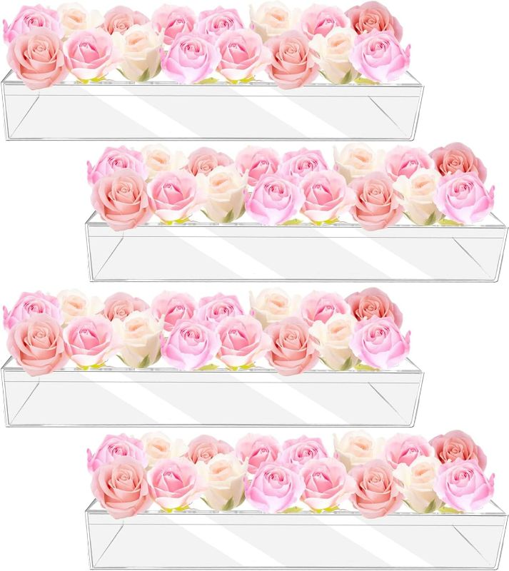 Photo 1 of 4Pcs Acrylic Flower Vase with 64 Holes,63 inch Decorative Long Clear Vase Modern,Rectangular Acrylic Vases Clear Floral Centerpiece for Dining Table Reception Home Party Decorations