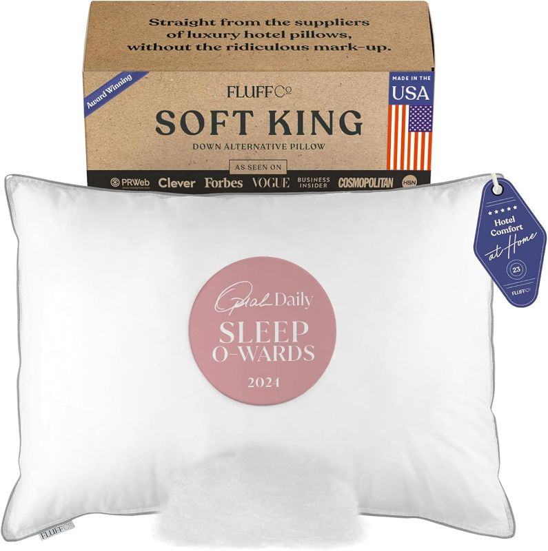 Photo 1 of FluffCo Zen Fluff Pillows - Down Alternative - King Bed Pillow for Sleeping Made in USA - Luxury Hotel-Quality Pillow - 100% Cotton, 300 Thread Count (Soft King Size 1 Pack)