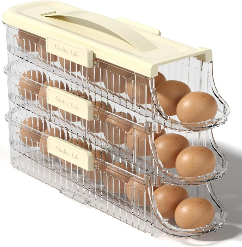 Photo 1 of Egg Holder for Fridge Automatic Rolling, Egg Storager Container Organizer Dispenser for Refrigerator Stackable Removable Inner Tray, Egg Accessories (Clear, 1 Row-3 Tiers)