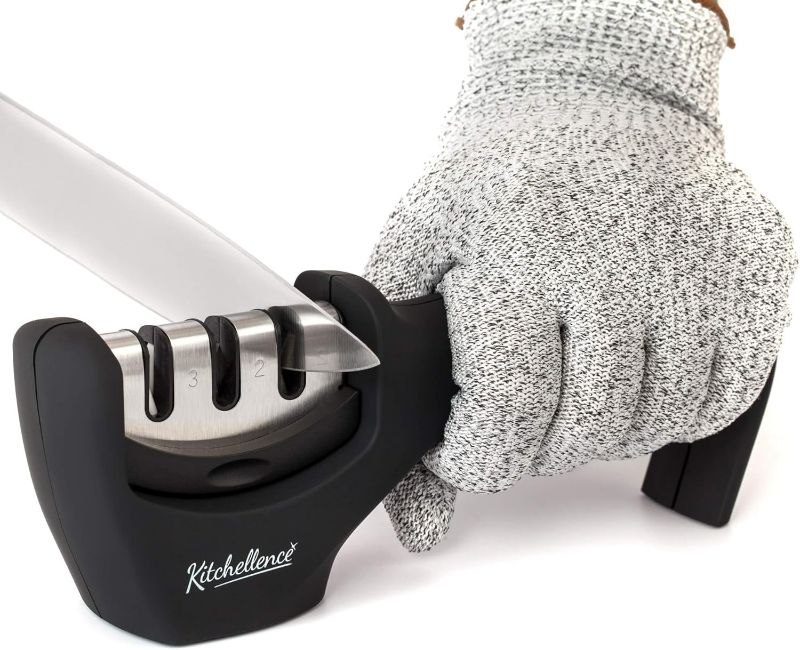 Photo 1 of 4-in-1 Kitchen Knife Accessories: 3-Stage Knife Sharpener Helps Repair, Restore, Polish Blades and Cut-Resistant Glove (Black)