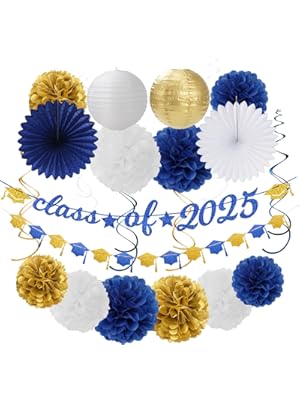 Photo 1 of 2025 Blue Class-Congratulations Prom Graduation Party-Decorations - 22pcs High School College Grad Supplies Decor, Royal Navy White Gold Tissue Pom Poms Streamers, Paper Flowers Lanterns Hugmoon