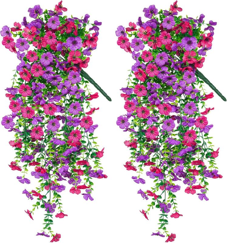Photo 1 of Artificial Hanging Flowers for Outdoors Decorations 2 Pack, Fake Hanging Flowers, UV Resistant Artificial Hanging Plants outdoors for Home Porch Patio Balcony Baskets Yard(Purple & Rose Red)