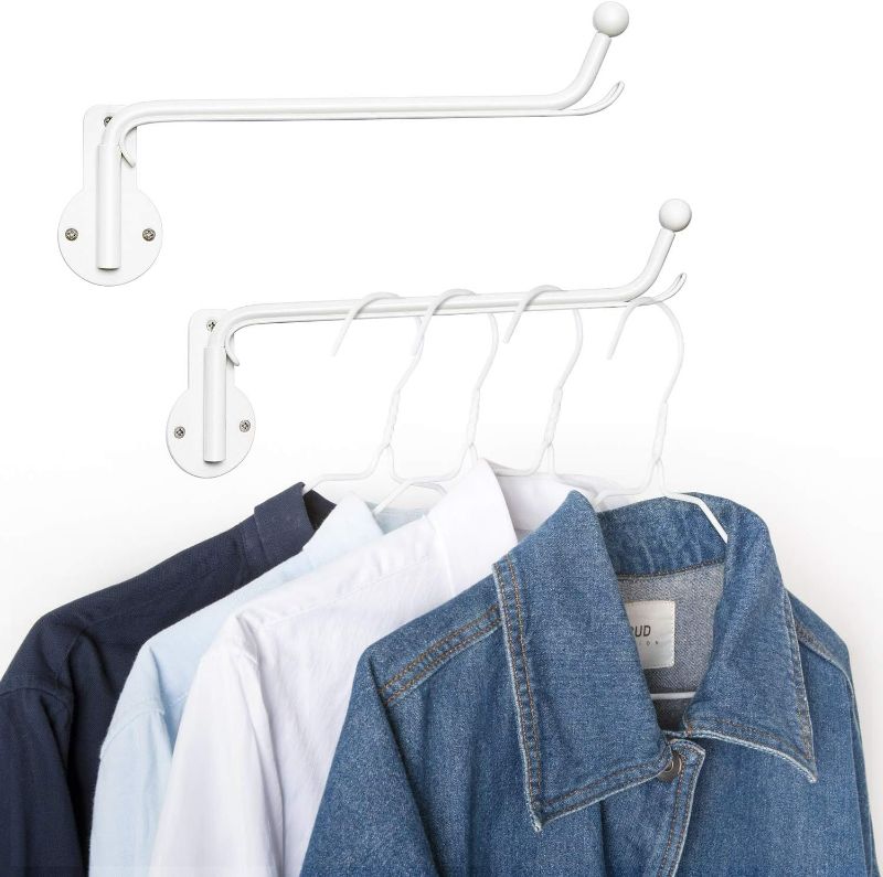 Photo 1 of Mkono Wall Mounted Clothes Hanger with Swing Arm Holder Valet Hook Metal Hanging Laundry Drying Rack Space Saver for Closet Organizer, Laundry Room Organization Bathroom, Bedroom,2 Pcs, White