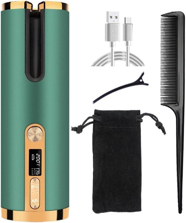 Photo 1 of Automatic Curling Iron, Hair Curling Iron for Hair Styling, Cordless Auto Hair Curler, with 6 Temps and Timers, Auto Shut-Off, Fast Heating, Rechargeable Cordless Hair Curler (Green)