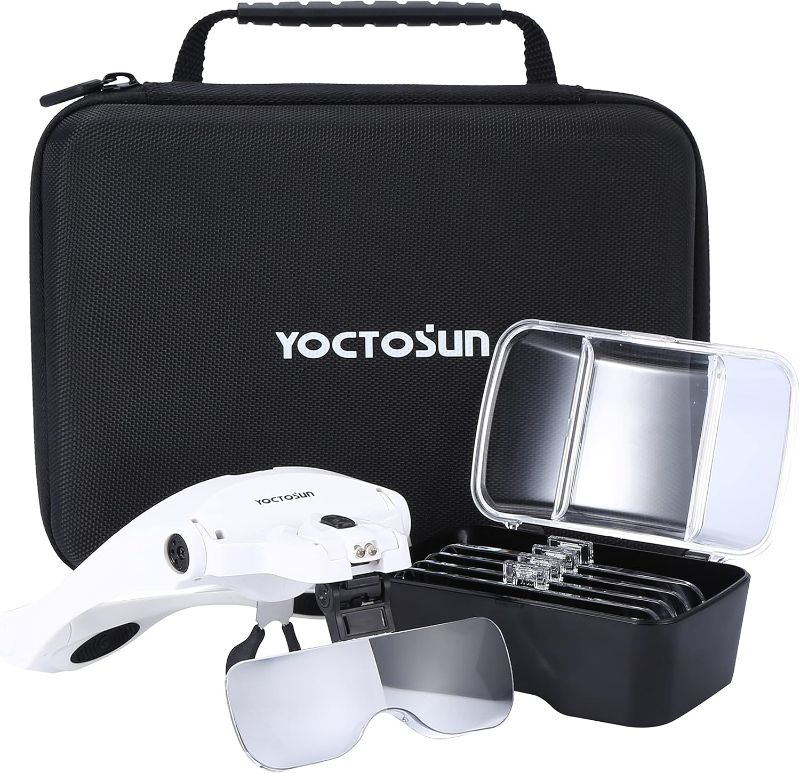 Photo 1 of YOCTOSUN Magnifying Glasses with Light, LED Head Magnifier with 5 Lenses, Headband, Storage Case, Hands Free Lighted Head Magnifying Visor for Close Work Hobby Crafts