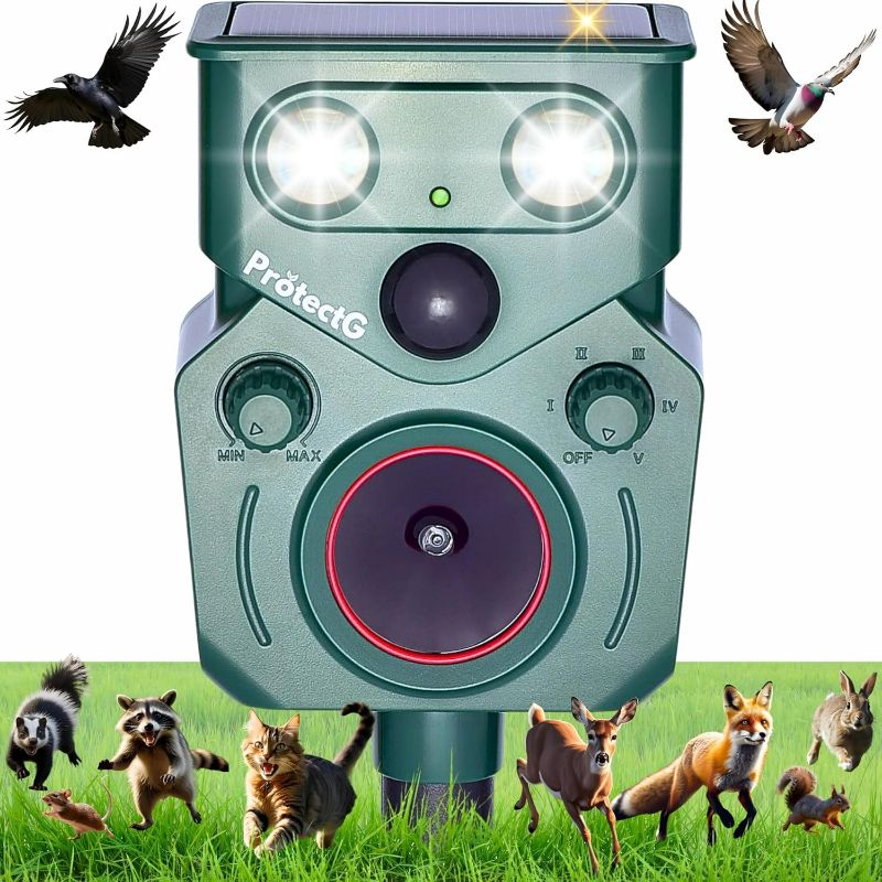 Photo 1 of Upgraded Solar Animal Repellent Outdoor - Ultrasonic Motion Activated Deterrent with Flashing LED Light - Waterproof Yard & Garden Protector for Deer, Cat, Squirrel, Rodents (1 Pack)