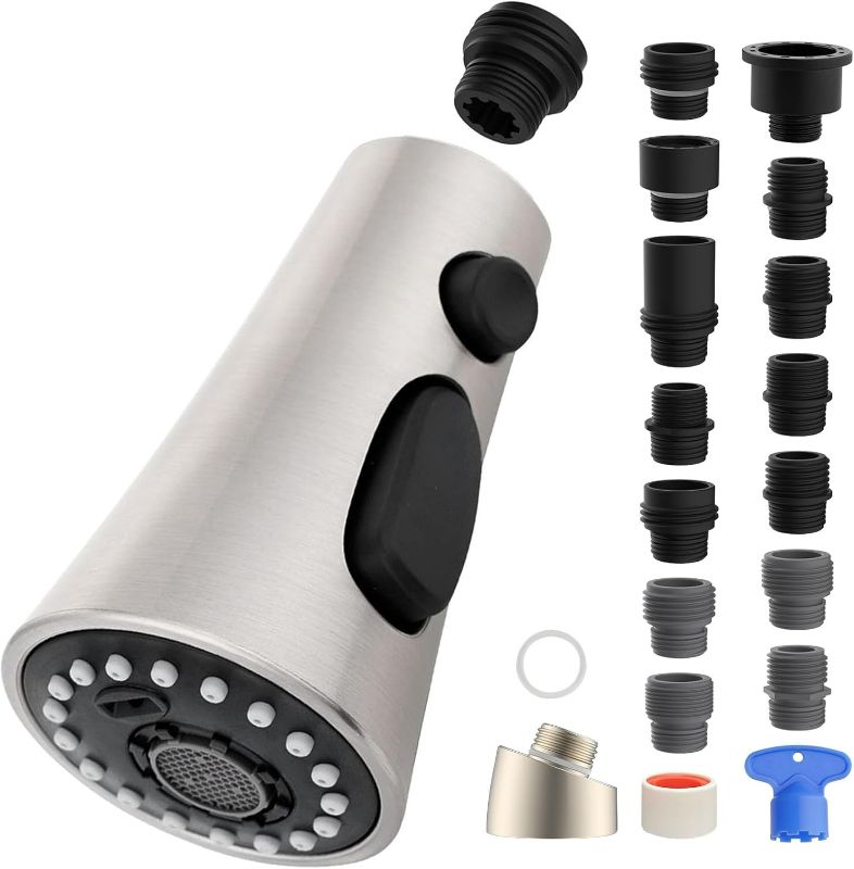 Photo 1 of iFealClear Universal Kitchen Faucet Head Replacement, 3 Modes Pull Down Faucet Spray Head, Compatible with Moen Delta, Equipped with 15 Adapters, Brushed Nickel