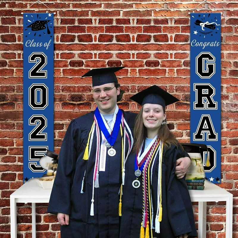 Photo 1 of DAZONGE Blue Graduation Decorations 2025, Congrats Grad Porch Banner for Any Schools or Grades 2025 Graduation Party Decorations
