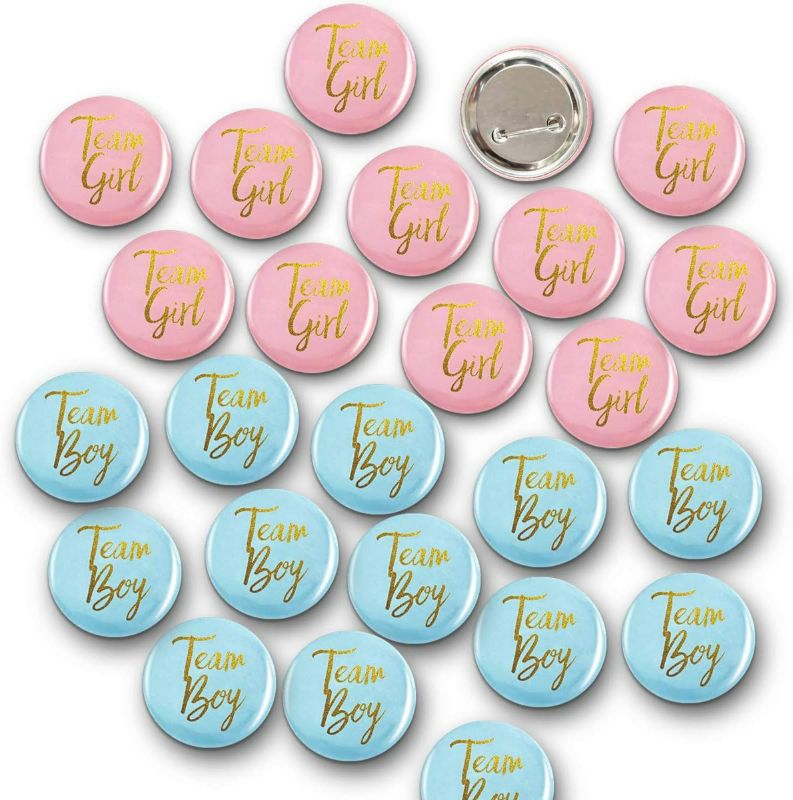 Photo 1 of Gender Reveal Button Pins 22 Pcs, Team Boy Girl Button Pins, Pink blue Button Pin for Baby Shower Party Favors Gender Reveal Party Supplies.