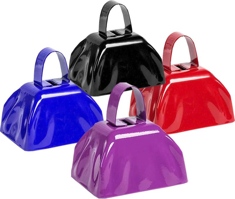 Photo 1 of Metal Cow Bell Noise Maker - 3 Inch Pack of 4 - Small Loud Metal Cowbell Noisemaker with Handle - Great for Football Games, Sporting Events, Weddings, New Year's Eve, Birthday Parties