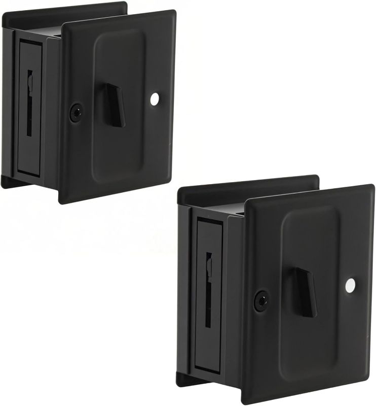 Photo 1 of Privacy Sliding Door Lock with Pull, Solid Brass Pocket Door Privacy Lock, 2-3/4”x2-1/2”, for 1-3/8” Thickness Door, Matte Black, 2 Pack