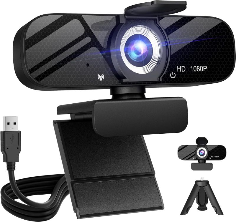 Photo 1 of Full HD Webcam with Built-in Microphone and Rotatable Tripod, 1080P Video and Wide Angle Camera, Privacy Cover, for Desktop PC or Laptop Computer