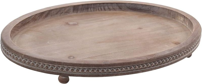 Photo 1 of Decorative Oval Wooden Tray for Coffee Table Decor, Kitchen Dining, Entryway - Small Beaded Holiday Tray, Distressed Brown