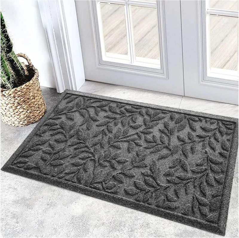 Photo 1 of Bulijojo Sturdy Front Entrance Doormats,Durable Heavy Duty Welcome Mat,Thick Absorbent Natural Rubber Non Slip Mat,Easy Clean Entryway Mat 17x30 Inch Leaves Grey