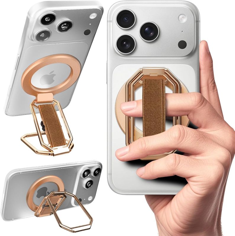 Photo 1 of 4-in-1 Rose Gold Magnetic Phone Grip Stand with Finger Strap Loop, Removable Ring Holder for iPhone 16/15/14/13/12, Kickstand for Hands-Free View