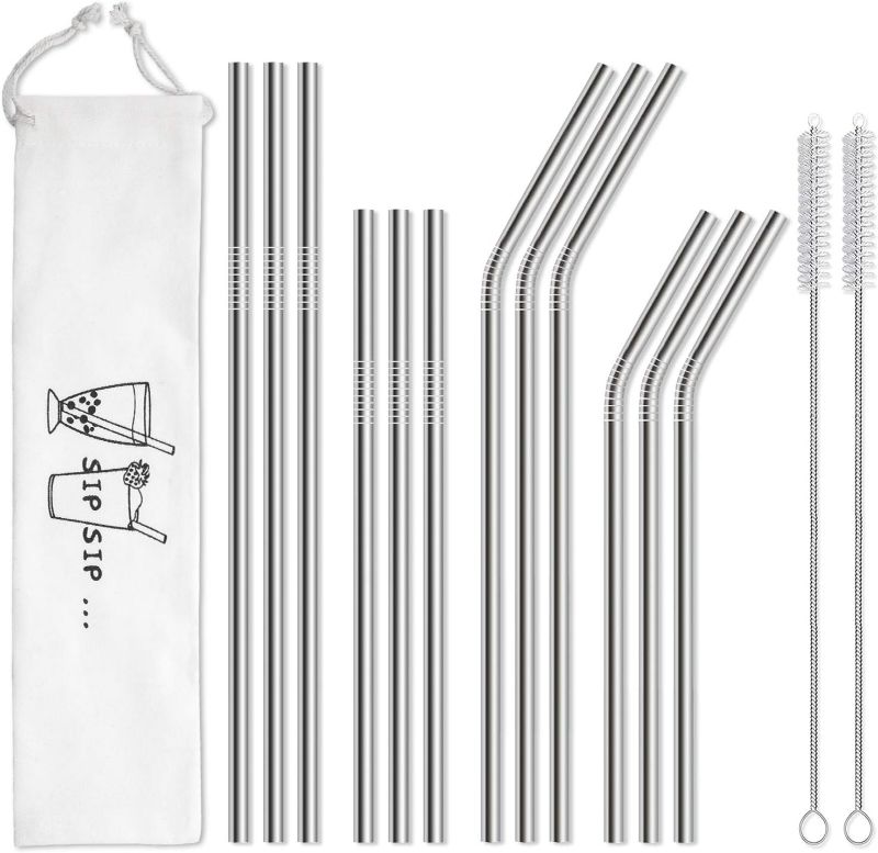 Photo 1 of Hiware 12-Pack Reusable Stainless Steel Metal Straws with Case - Long Drinking Straws for 30 oz and 20 oz Tumblers Dishwasher Safe - 2 Cleaning Brushes Included