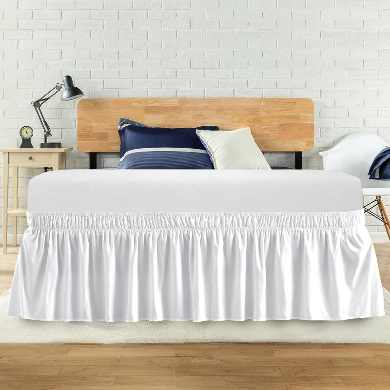 Photo 1 of Twin Bed Skirt, Elastic Wrap Around Bed Skirt Twin Size, Bed Skirts for Adjustable Bed, Easy Fit with 14" Drop Length Tailored Drop Dust Ruffle (White)