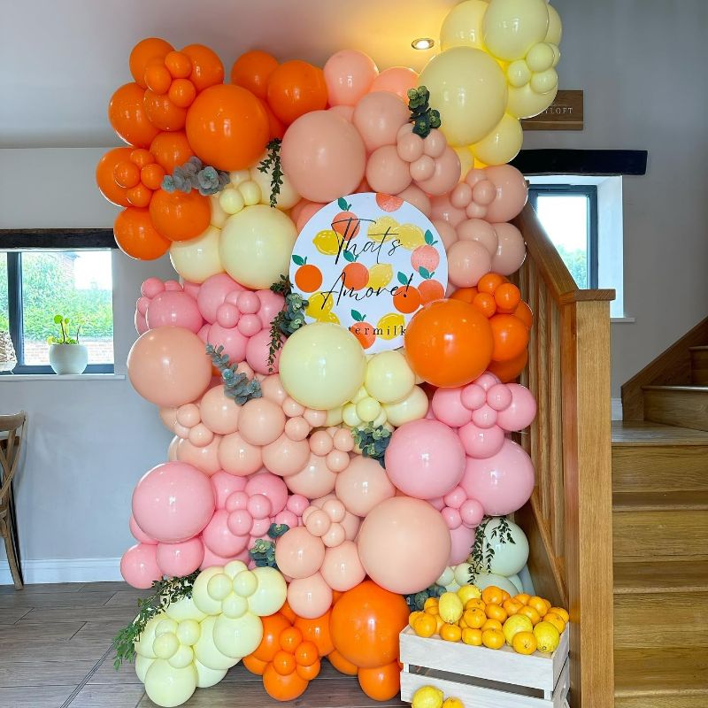 Photo 1 of 145Pcs Summer Balloon Arch Garland Kit with Orange Pastel Yellow Pink Balloons, Perfect for Baby in Bloom, Spring Color Party, Luau, Tropical, Groovy, Birthday or Baby Shower Decorations