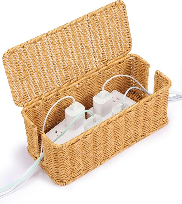 Photo 1 of YECAYE Handwoven Rattan Style Cable Management Box, Decorative Storage Cord Organizer Box for Power Strips & Cords, Cord Hider for Home, Kids & Pet Safety, DIY-Friendly Cord Management
