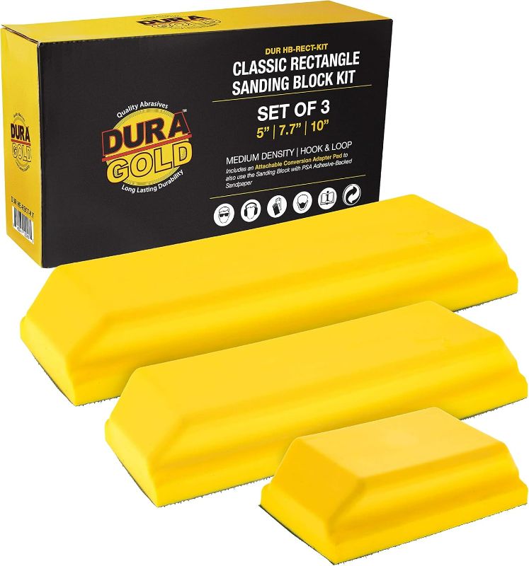 Photo 1 of Dura-Gold Pro Series Classic Rectangle Hand Sanding Block Kit with 3 Blocks, 5", 7-3/4" and 10" Set, Hook & Loop Backing and PSA Sandpaper Conversion Adapter Pad - Auto Paint Prep Sand Woodworking