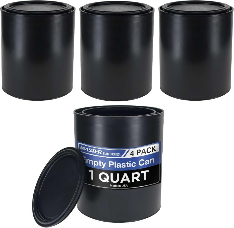 Photo 1 of Master Elite 1 Quart Empty Plastic Paint Can Bucket, Pack of 4 - Triple Lock Airtight Lid Seal, 32 fl. oz. All-Plastic Coating Storage Container Can - Pail Handle, Dent & Rust Proof, Odor Resistant