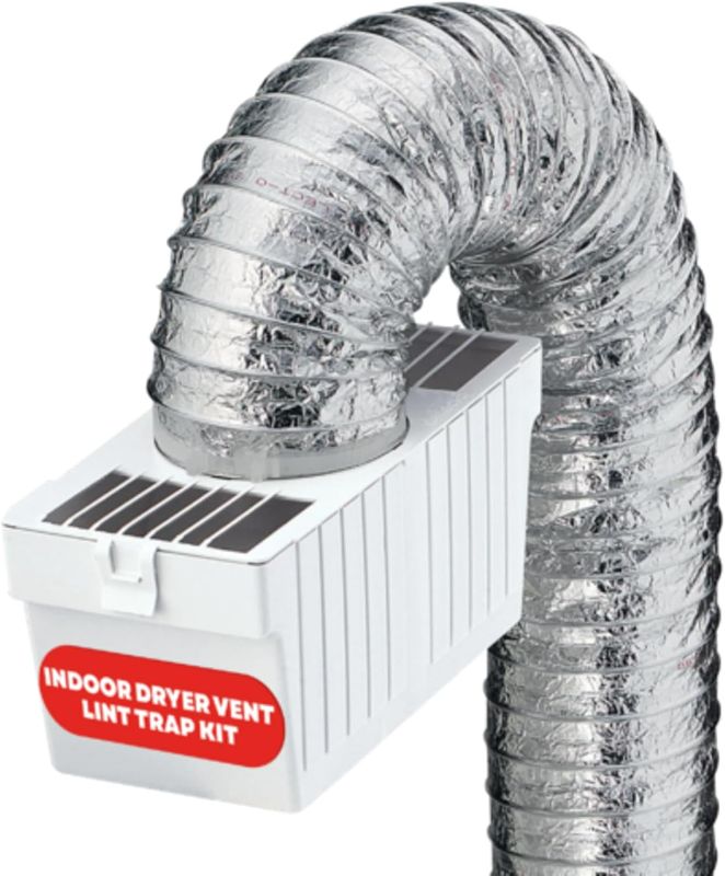 Photo 1 of Deflecto LTF Indoor Dryer Vent Lint Trap Kit – Energy-Efficient Venting Solution with Supurr-Flex Flexible Duct, Plastic Lint Reservoir and Secure Clamps for Electric Dryers |Pack of 1 - White/Silver