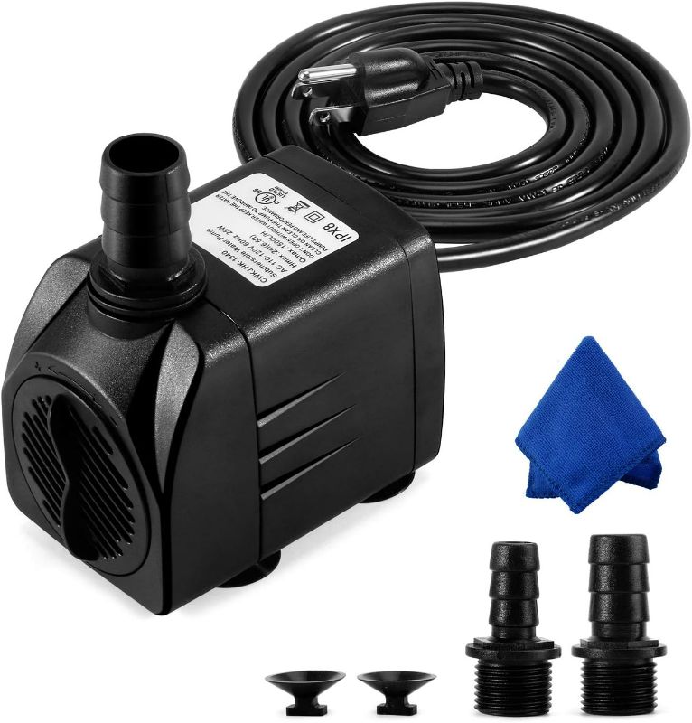 Photo 1 of Fountain Pump, 400GPH Submersible , Durable 25W Outdoor Water Pump with 6.5ft Power Cord, 3 Nozzles for Aquarium, Pond, Fish Tank, Water Pump Hydroponics, Backyard Fountain