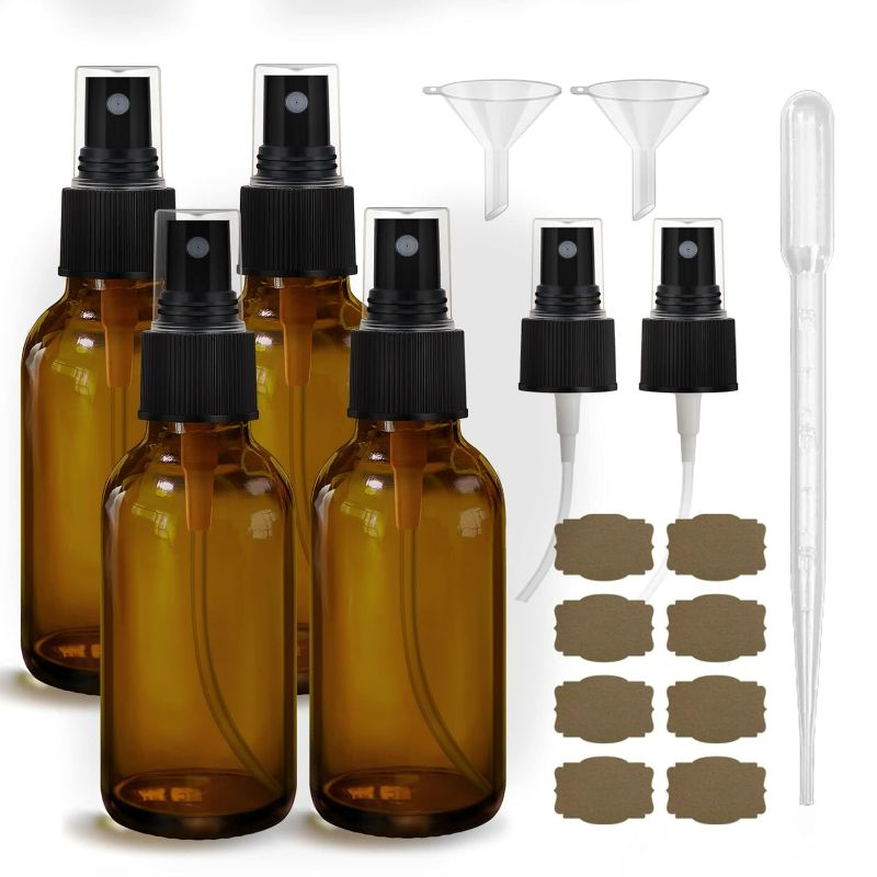 Photo 1 of Amber Glass Spray Bottles 4oz,Small Empty Glass Spray Bottle Fine Mist Spray Refillable Containers,Mini Travel Spray Bottles set of 4,Included 6 Sprinkler,2 Funnels,1 Droppers,8 Labels