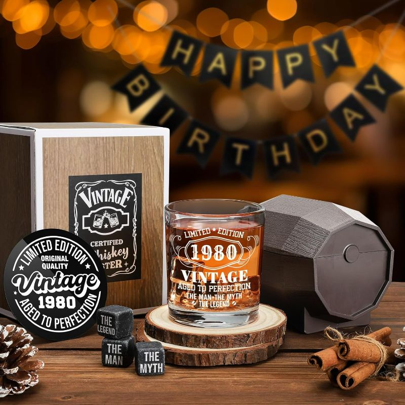 Photo 1 of 45th Birthday Gifts for Men, Vintage 1980 Whiskey Glass Set in Barrel Box, 45 Year Old Gift Ideas for Him Husband Dad, Rock Glass for 45th Birthday Decorations & Wedding Anniversary