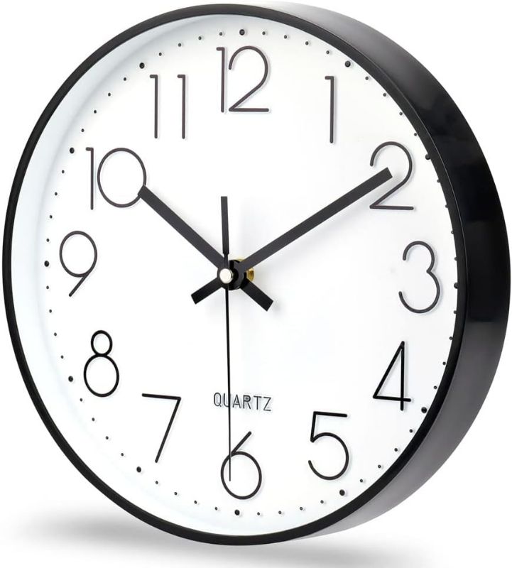 Photo 1 of jomparis 10 Inch Black Wall Clock Battery Operated Silent & Non-Ticking Wall Clock Classic Clock for Home, Office, Bedroom, School