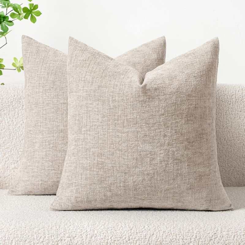 Photo 1 of MIULEE Pack of 2 Couch Throw Pillow Covers 18x18 Inch Soft Light Brown Chenille Pillow Covers for Sofa Living Room Solid Dyed Pillow Cases