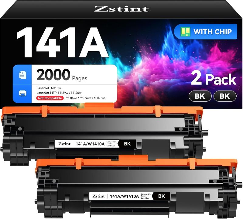 Photo 1 of 141A W1410A Black Toner Cartridge Set 2-Pack High Yield with Chip Replacement for HP 141A W1410A 141X W1410X Toner Cartridges Compatible with HP Laser Jet Pro M110w MFP M139w M140w Series Printer Ink