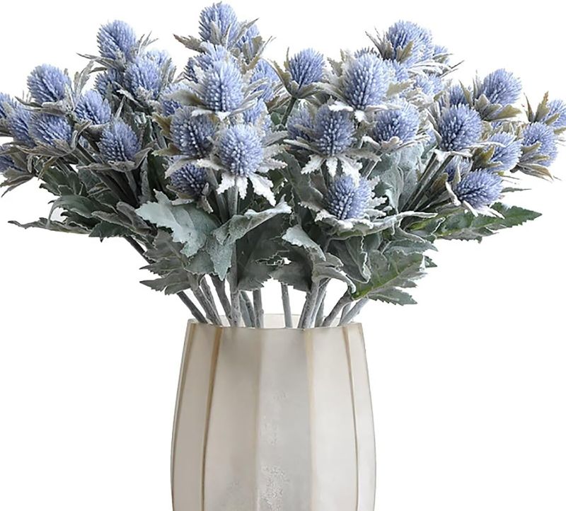 Photo 1 of 3 Pcs Dusty Blue Artificial Thistle Flowers, Realistic Faux Spray Thistle Flower Stems for Home Party Wedding Floral Arrangement Decor