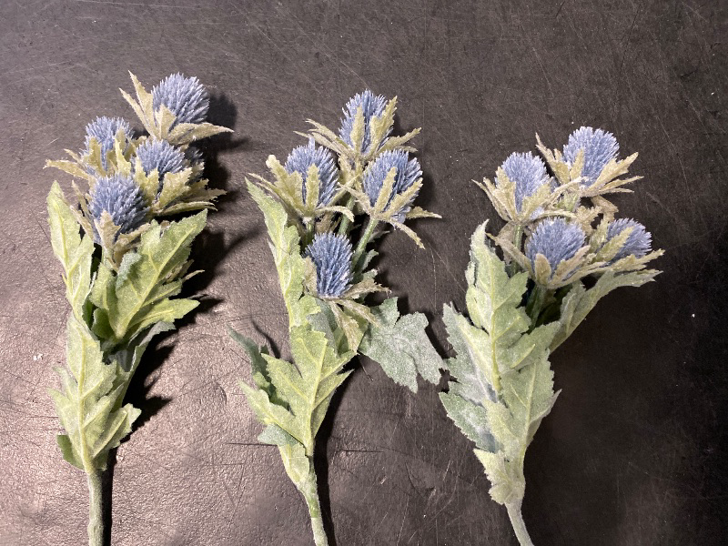 Photo 1 of 3 Pcs Dusty Blue Artificial Thistle Flowers, Realistic Faux Spray Thistle Flower Stems for Home Party Wedding Floral Arrangement Decor