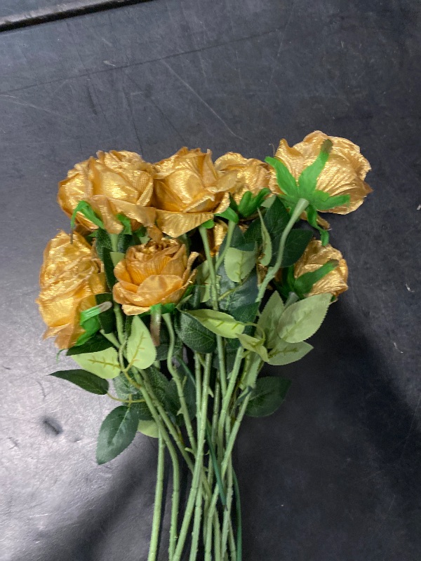 Photo 1 of 12 PCS Artificial Flowers Gold Roses Fake Silk Flower Long Stem Artificial Roses for Home Wendding Bathroom Party Decorations (Gold)