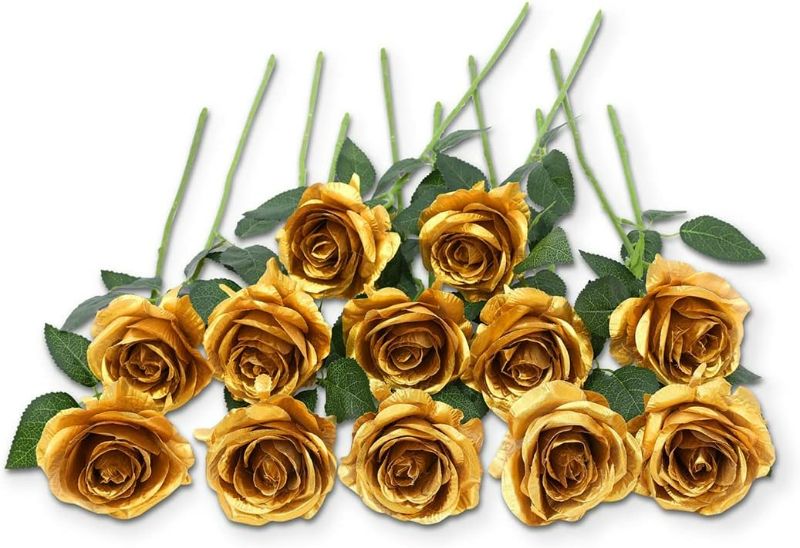 Photo 1 of 12 PCS Artificial Flowers Gold Roses Fake Silk Flower Long Stem Artificial Roses for Home Wendding Bathroom Party Decorations (Gold)
