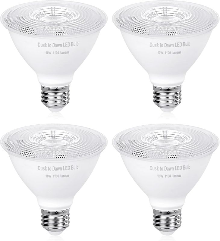 Photo 1 of (Short Neck) PAR30 Dusk to Dawn LED Flood Light Bulb, Photocell Sensor Bulb,10W Equivalent 75W,1100Lm,5000K,E26 Base,IP65 Waterproof for Outdoor Porch Light, 4 Pack