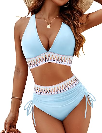 Photo 1 of Size L Blooming Jelly Women High Waisted Bikini Sets Tummy Control Swimsuits Color Block Two Piece Drawstring Bathing Suit