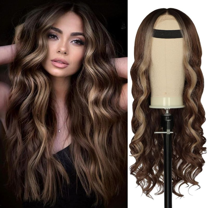 Photo 1 of WOCO Long Brown Mixed Blonde Wavy Wig for Women, Synthetic 13×4 Lace Front Wigs, Brown Highlight Wig with Dark Roots, Synthetic Heat Resistant Fiber Natural Looking for Daily Wedding Party Use 26''