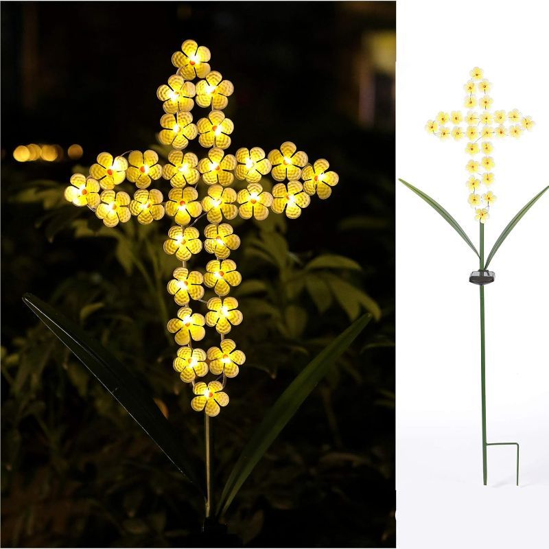 Photo 1 of Solar Cross Garden Lights Outdoor Decorative - Solar Metal Cross Yellow Hydrangea Flower Stake Lights Waterproof 28 Warm White LEDs for Remembrance Gifts & Sympathy Gifts