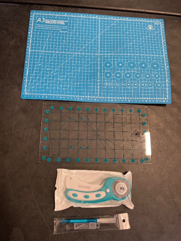 Photo 1 of Headley Tools Rotary Cutter Set - 45mm Fabric Cutter, 5 Extra Rotary Blades, A3 Cutting Mat, Quilting Ruler and Sewing Clips, Craft Knife Set, Ideal for Crafting, Sewing, Patchworking,Turquoise